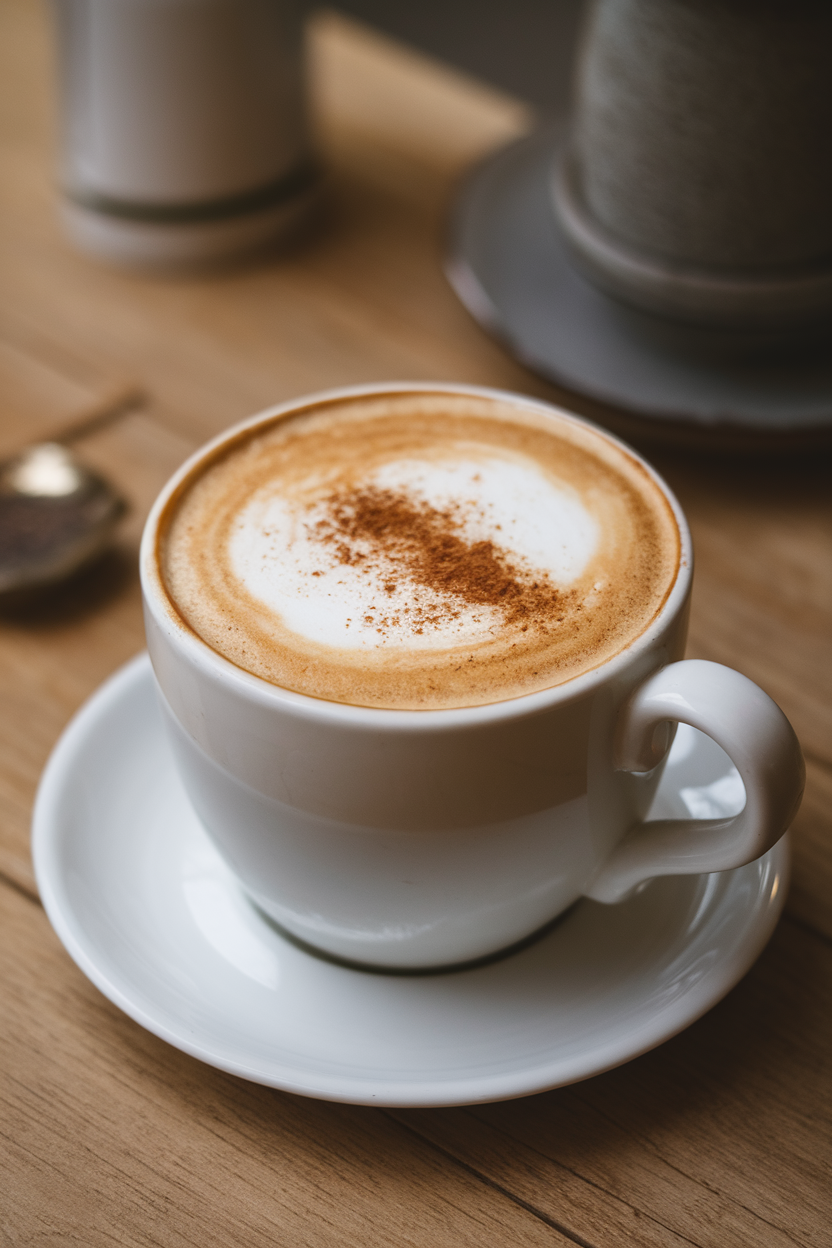 Indoor mug of frothy oatmeal latte sprinkled with cinnamon, saucer beneath, no logos or text on cup.