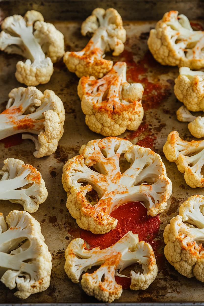 Indoor baking sheet with thick cauliflower slabs brushed in red harissa paste, roasted until golden, shot at a three-quarter angle. No text or logos.