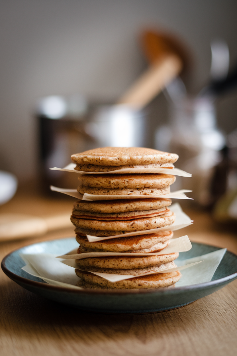 An indoor table with a stack of small whole-grain pancakes separated by parchment squares, ready for freezing; no logos or text on dishware.