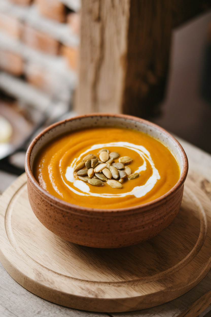 A ceramic indoor soup bowl of velvety orange pumpkin soup, coconut cream swirled on top, and toasted pumpkin seeds sprinkled. No text or logos in frame.