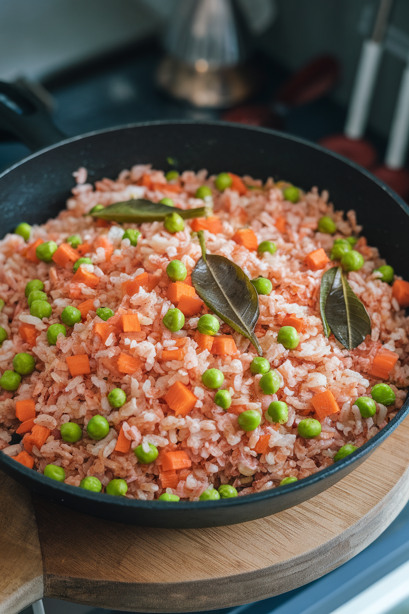 Photo prompt: An indoor skillet view of red rice flakes stirred with diced carrots, peas, and curry leaves. No text or logos.