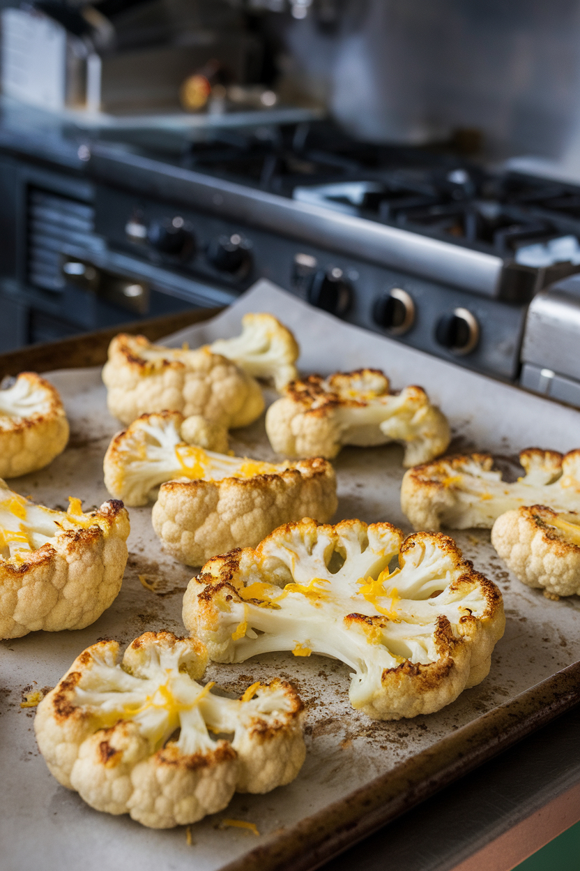 An indoor baking sheet showing thick cauliflower steaks roasted to golden brown, dusted with Parmesan and lemon zest; no text or logos, photo not illustration.
