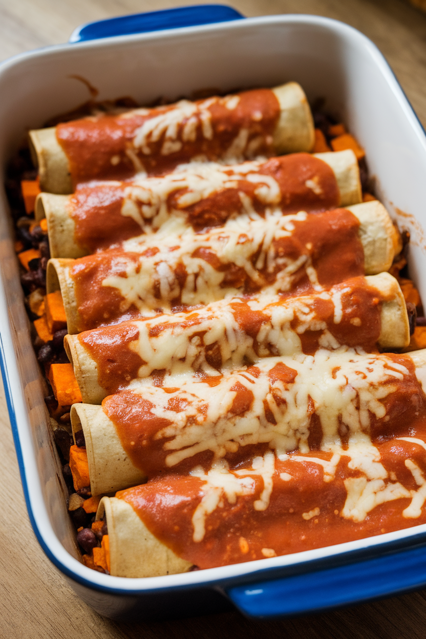 Indoor casserole dish packed with rolled enchiladas topped with red sauce and melted cheese, a sweet potato and black bean filling visible at the edges. No text or logos present.