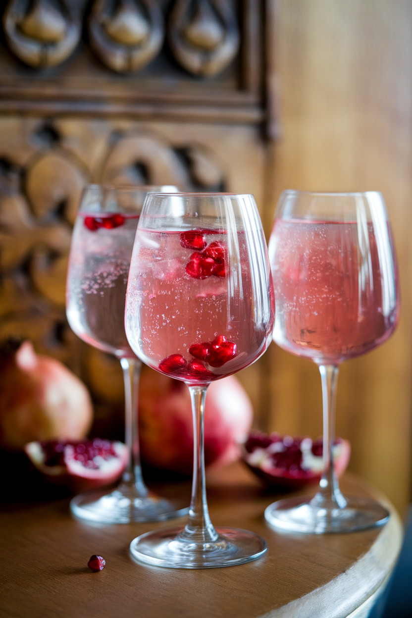 Indoor photo of stemmed glasses filled with pink spritz, pomegranate arils settled at bottom, no text or logos