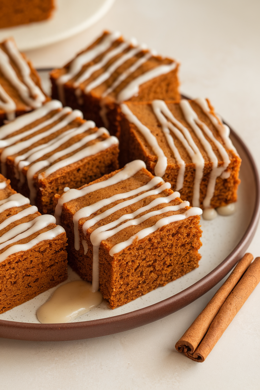 Square pieces of gingerbread cake drizzled with maple glaze on an indoor plate, cinnamon stick garnish nearby. No logos or text.