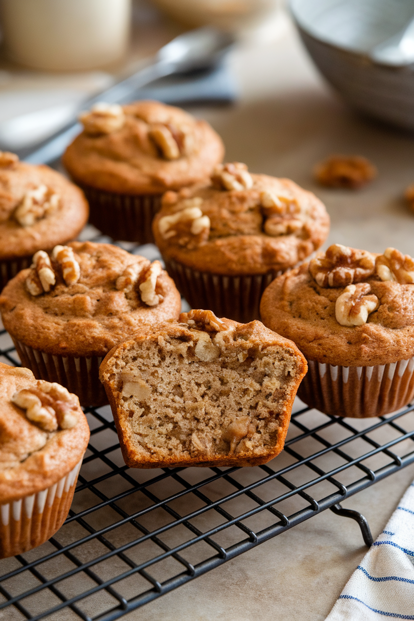 An indoor countertop with a cooling rack of whole-wheat banana walnut muffins, one cut open to show moist crumb and nut pieces. No text or logos.