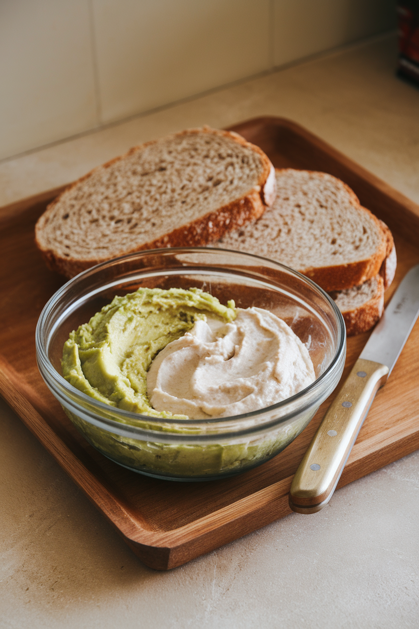 Indoor countertop featuring a glass bowl of mashed avocado and white bean spread beside whole-grain sandwich bread slices. No logos or text. Photo only.