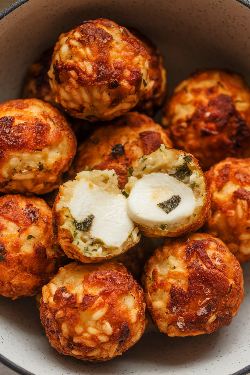 A shallow indoor bowl of crispy risotto balls, one broken open to show melty mozzarella and flecks of basil inside. No text or logos anywhere.