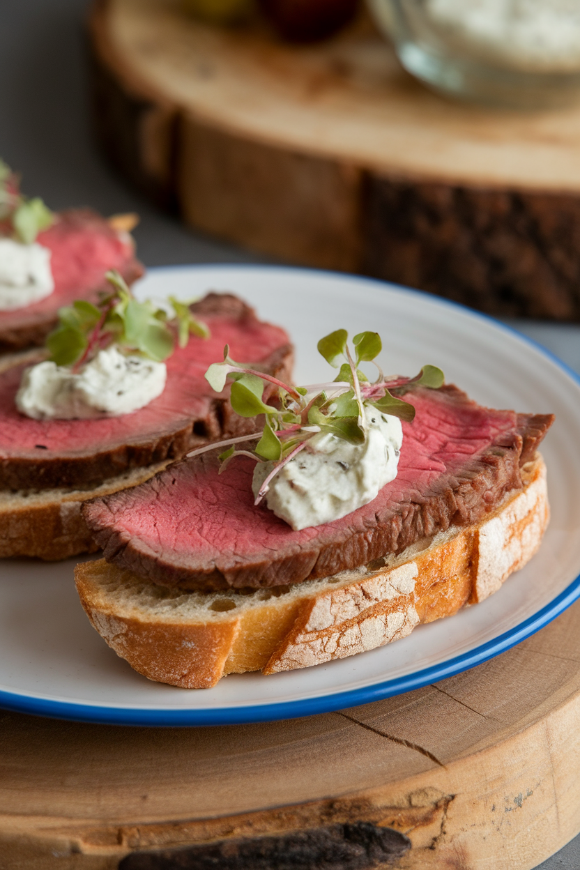 Indoor photo of toasted baguette slices topped with thin pink slices of beef, horseradish cream, and microgreens. No text or logos.