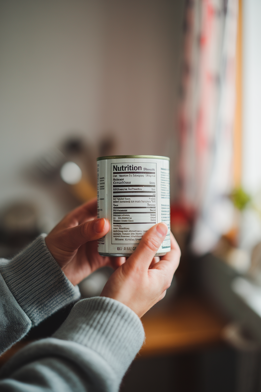 Photo of a person’s hands indoors holding a can of tomatoes, focusing on the nutrition facts panel. No text or logos visible besides generic nutrition grid.
