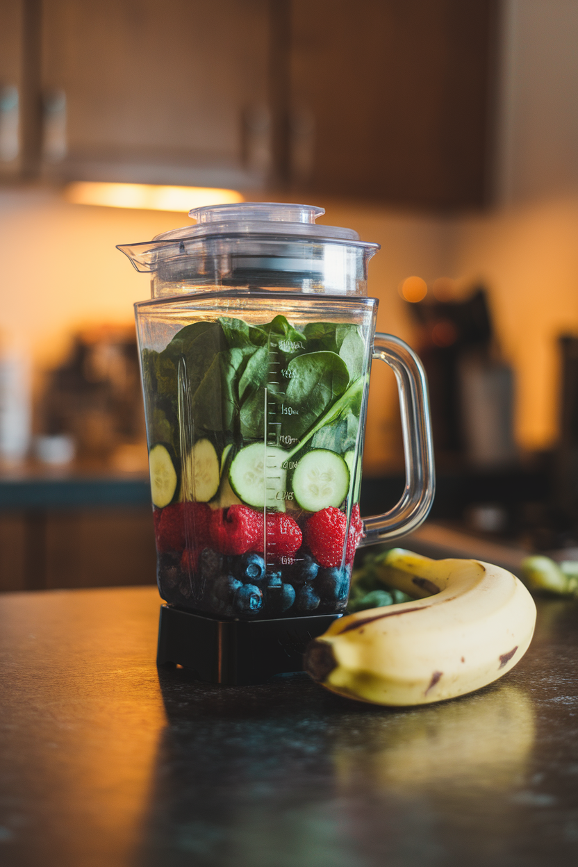A blender jar half-filled with spinach and cucumber, berries and banana set aside on the counter, indoor kitchen lighting. No text or logos. Photo.
