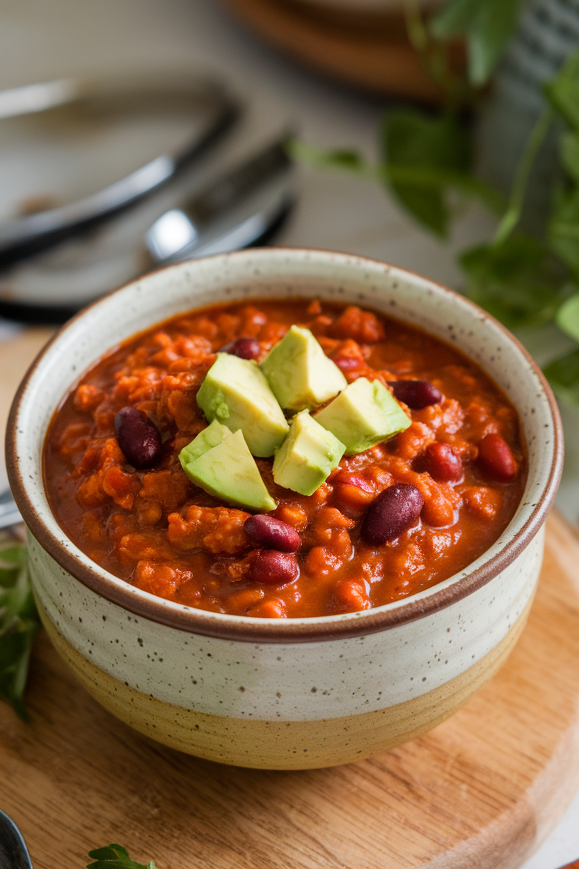 Indoor photo of a ceramic bowl of turkey chili with visible chipotle peppers and kidney beans, topped with diced avocado, no text or logos.