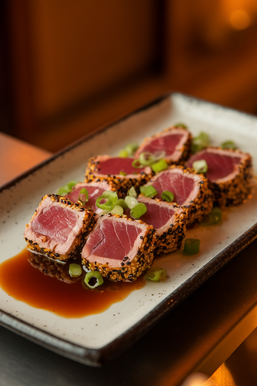 Photo of an indoor rectangular plate with seared, sesame-crusted tuna cubes cooked medium, sprinkled with scallions, soy dipping sauce alongside; warm indoor light, no text or logos