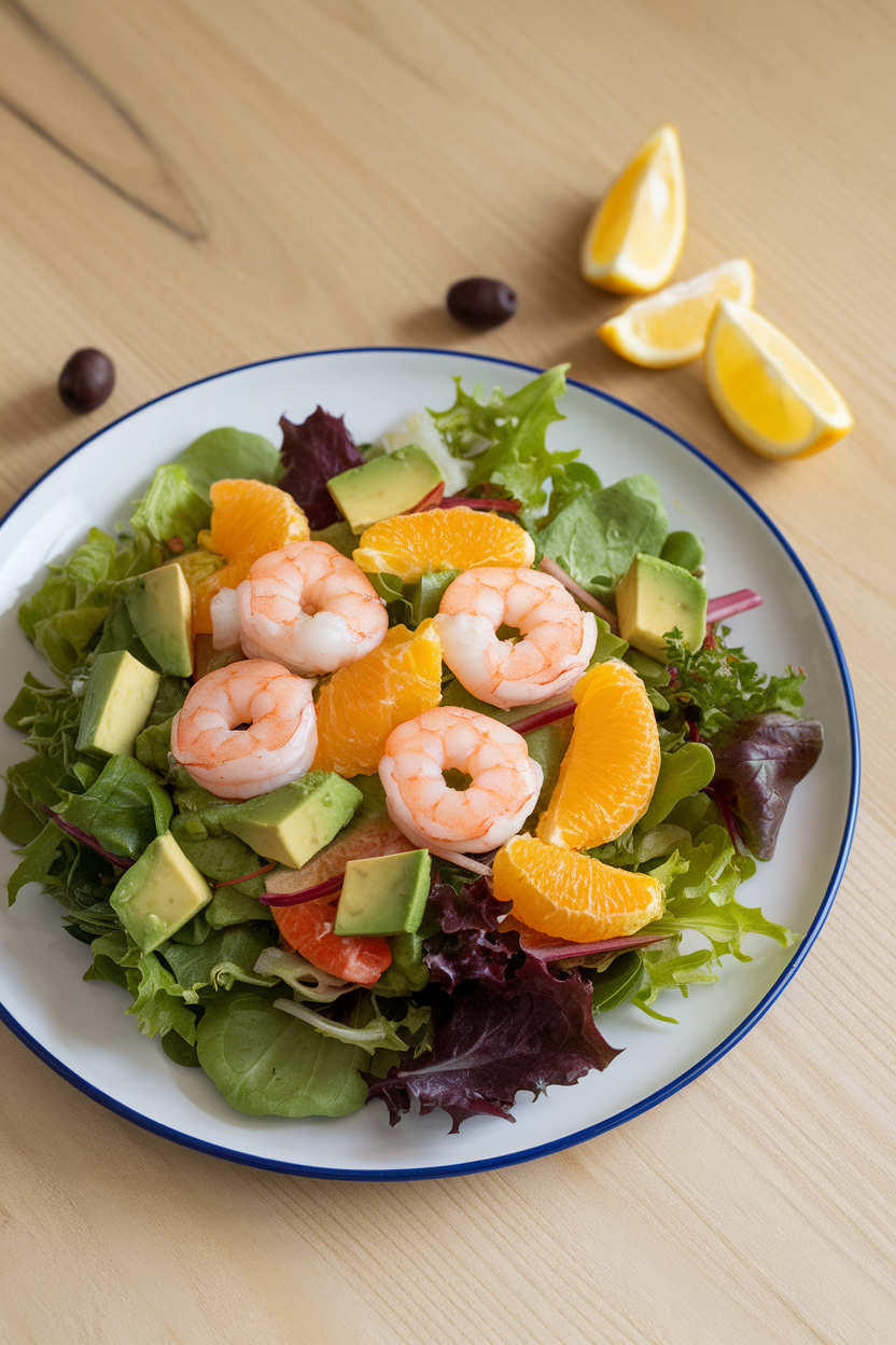 Indoor plate of mixed greens topped with shrimp, orange segments, avocado chunks, and light vinaigrette. No text or logos. Photo, not illustration.