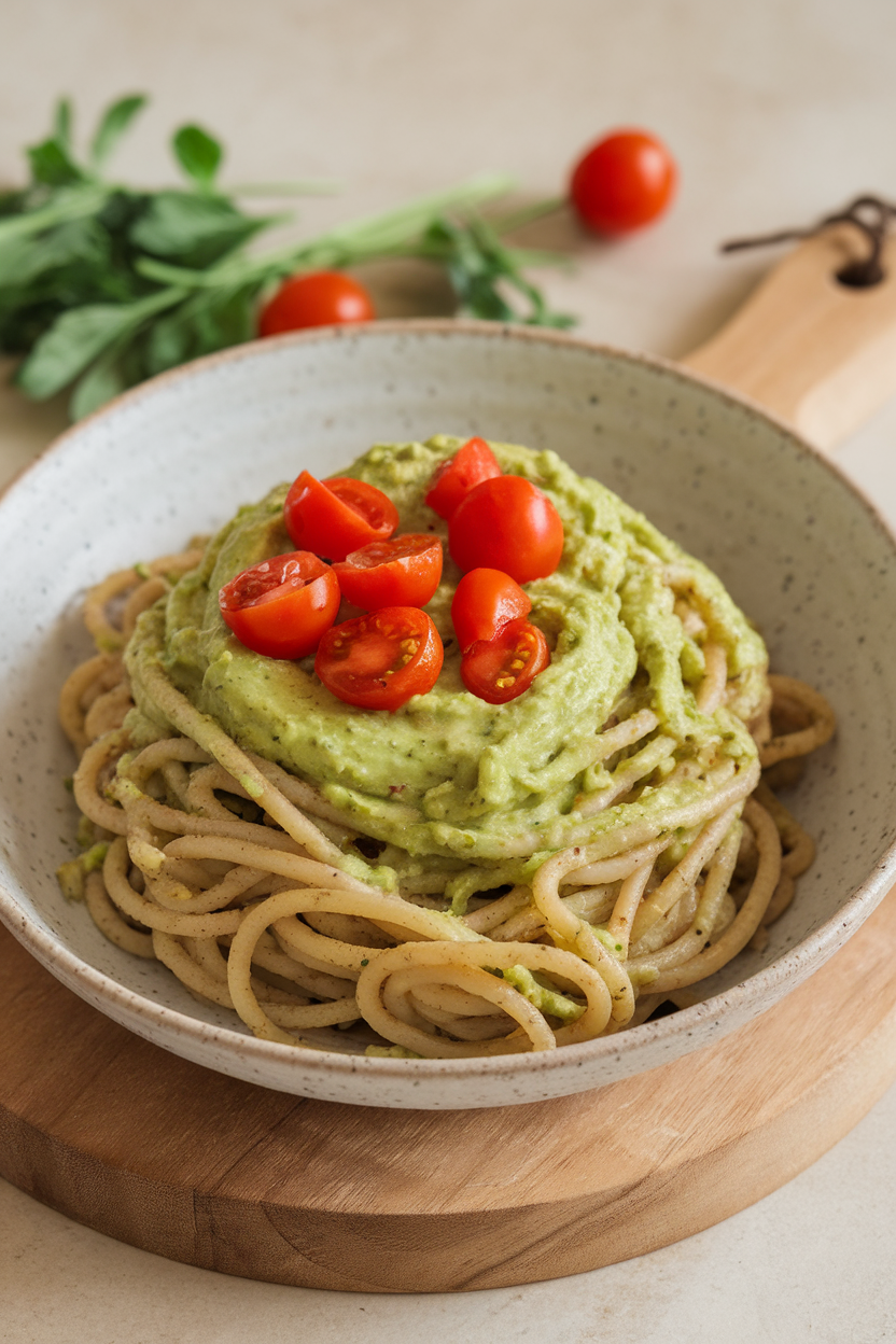 Bowl indoors of whole-grain spaghetti coated in green avocado sauce, cherry tomatoes scattered on top, no text or logos