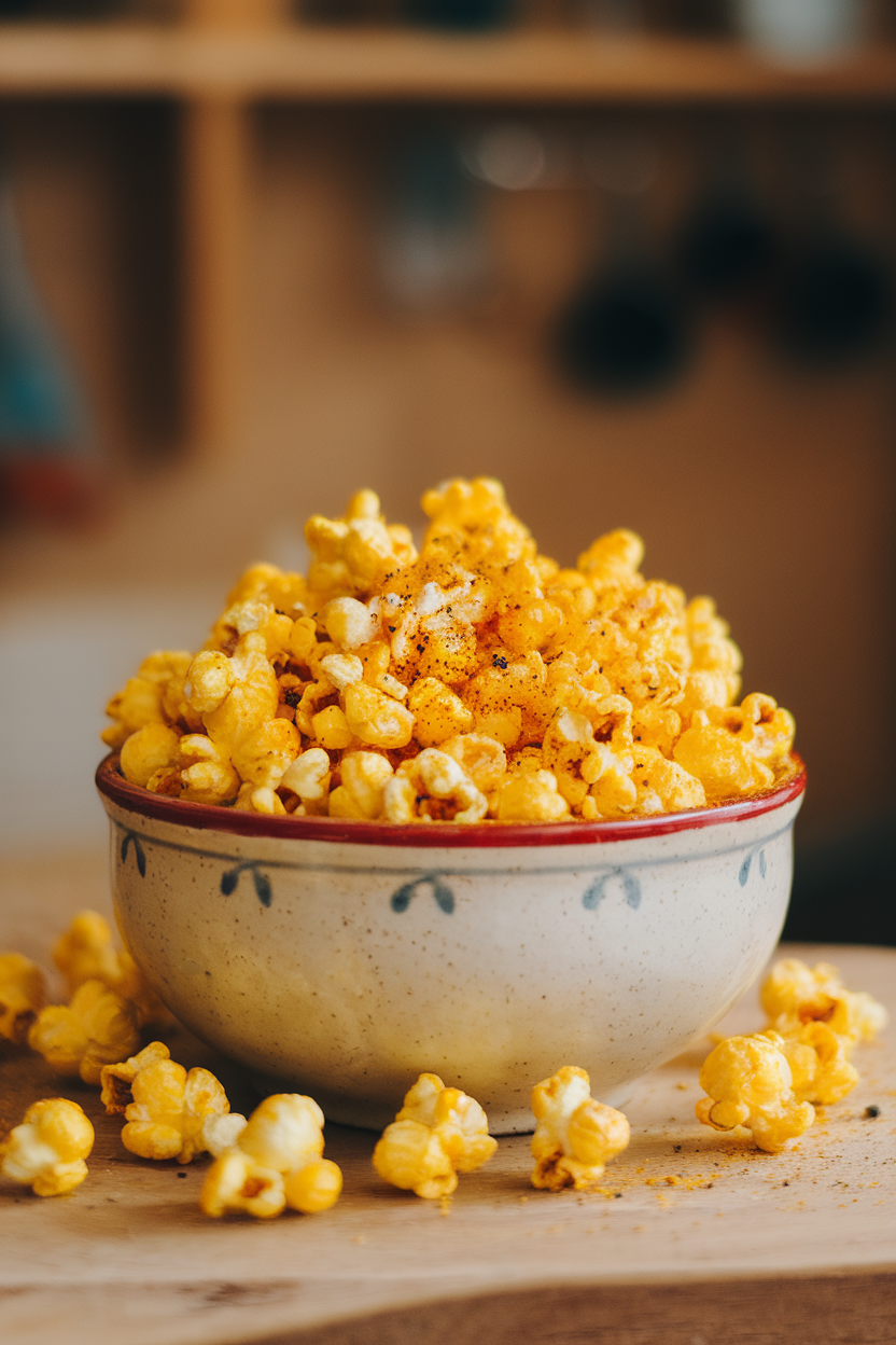 Indoor ceramic bowl of bright yellow popcorn dusted with turmeric and black pepper—photo, no text or logos.