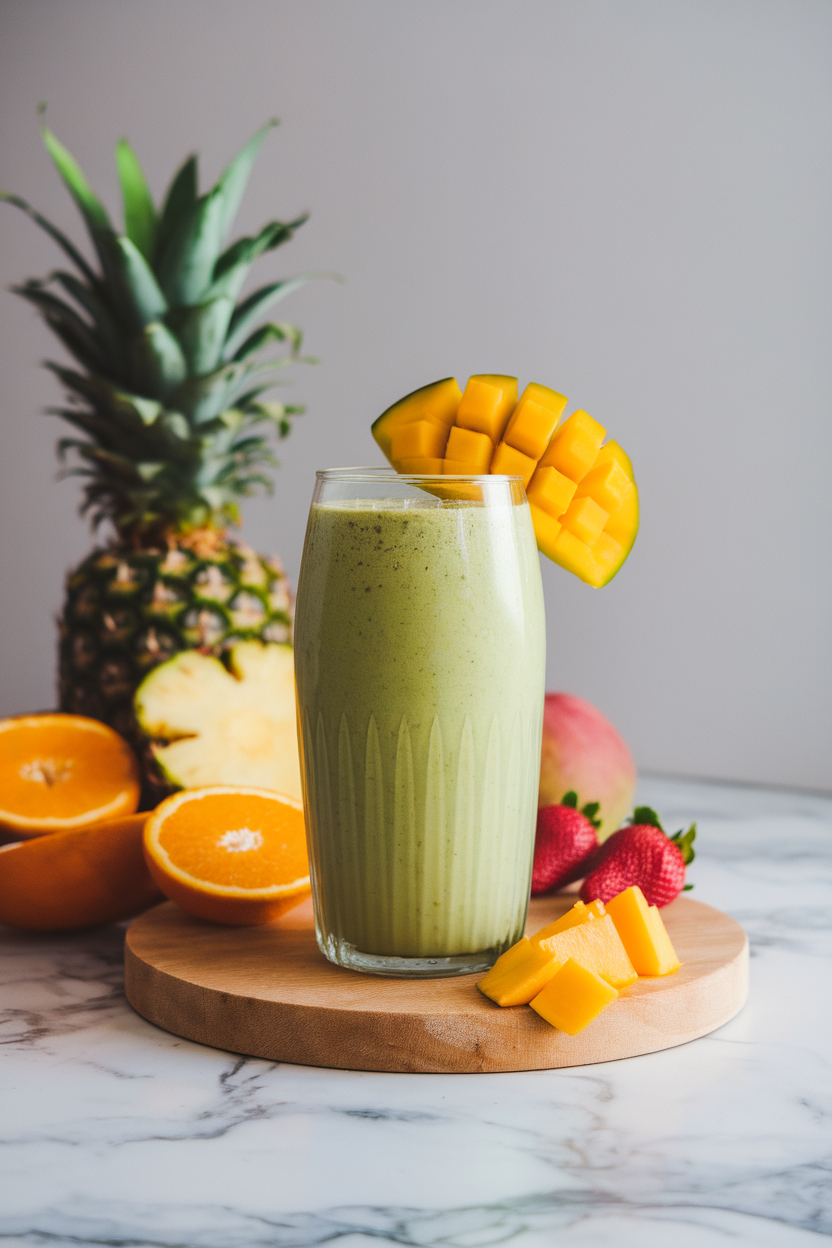 Photo of a tall glass of vibrant green smoothie with a mango slice garnish on an indoor countertop, no text or logos