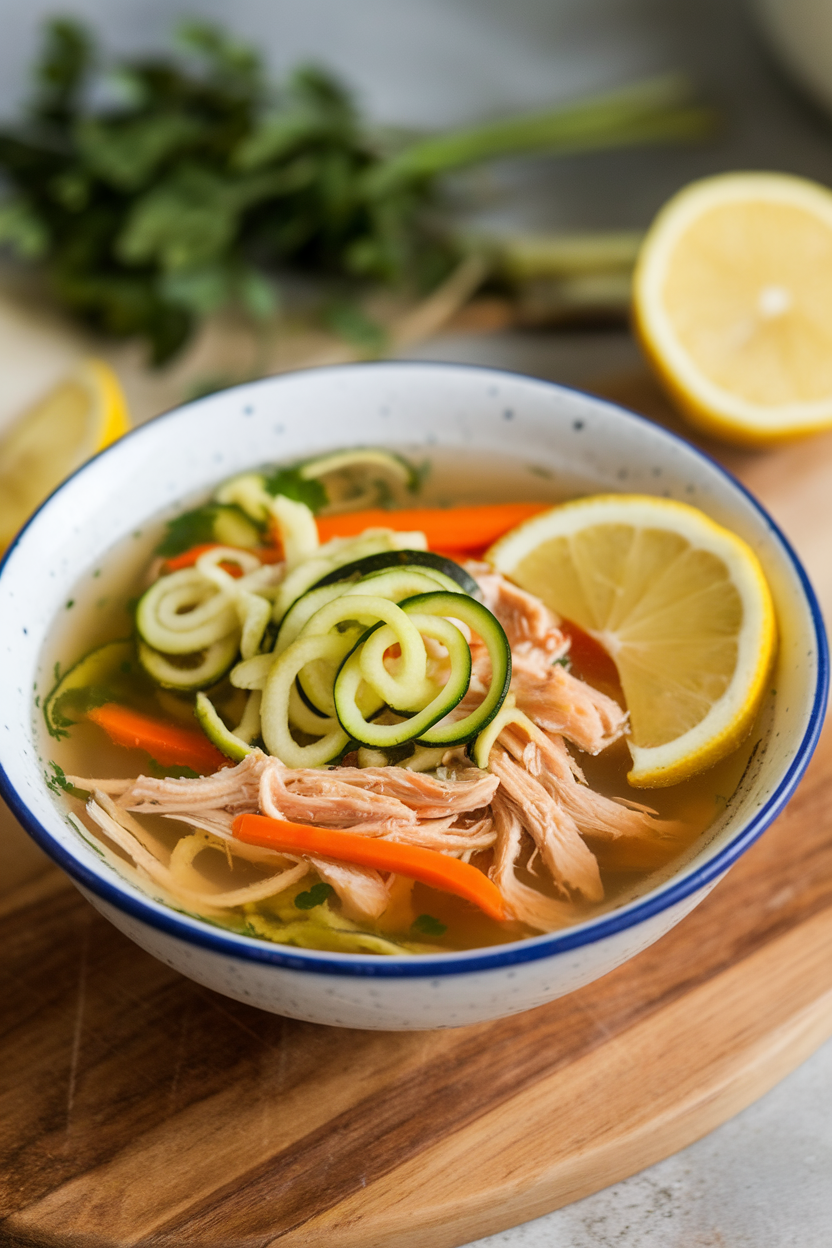 An indoor soup bowl of clear broth with spiralized zucchini “noodles,” shredded chicken, carrots, and lemon slices. No logos or text. Photo.