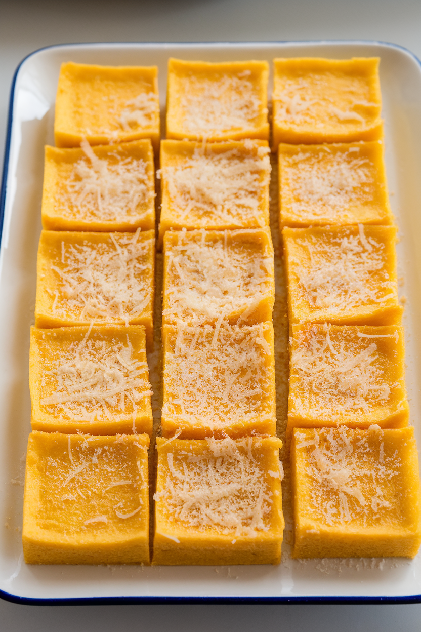 Indoor shot of golden baked polenta squares topped with grated Parmesan, arranged neatly on a platter. No text or logos.