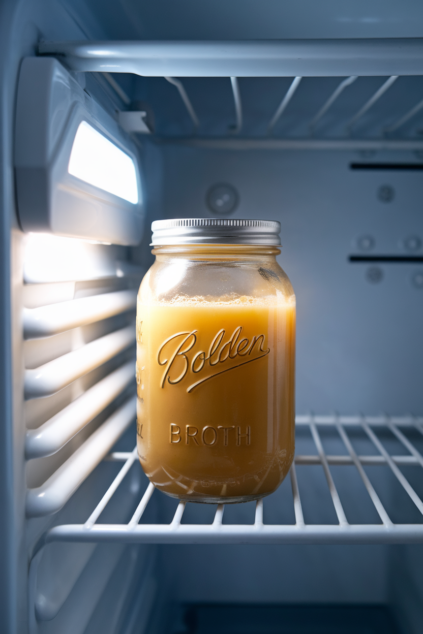Photo, indoor fridge door with a mason jar of golden bone broth, fat cap visible, cool light, no text or logos.