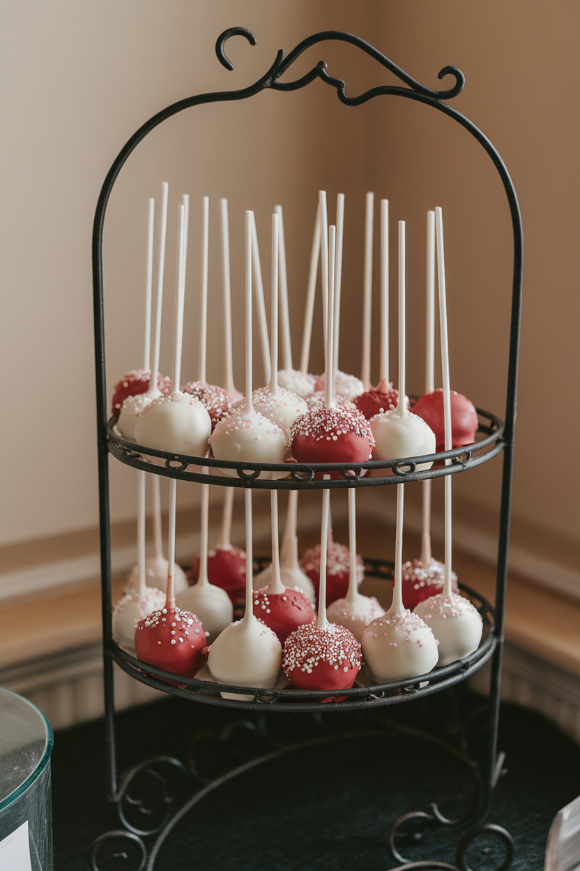 Indoor stand displaying red velvet cake pops coated in white chocolate, some sprinkled with edible glitter; no text or logos