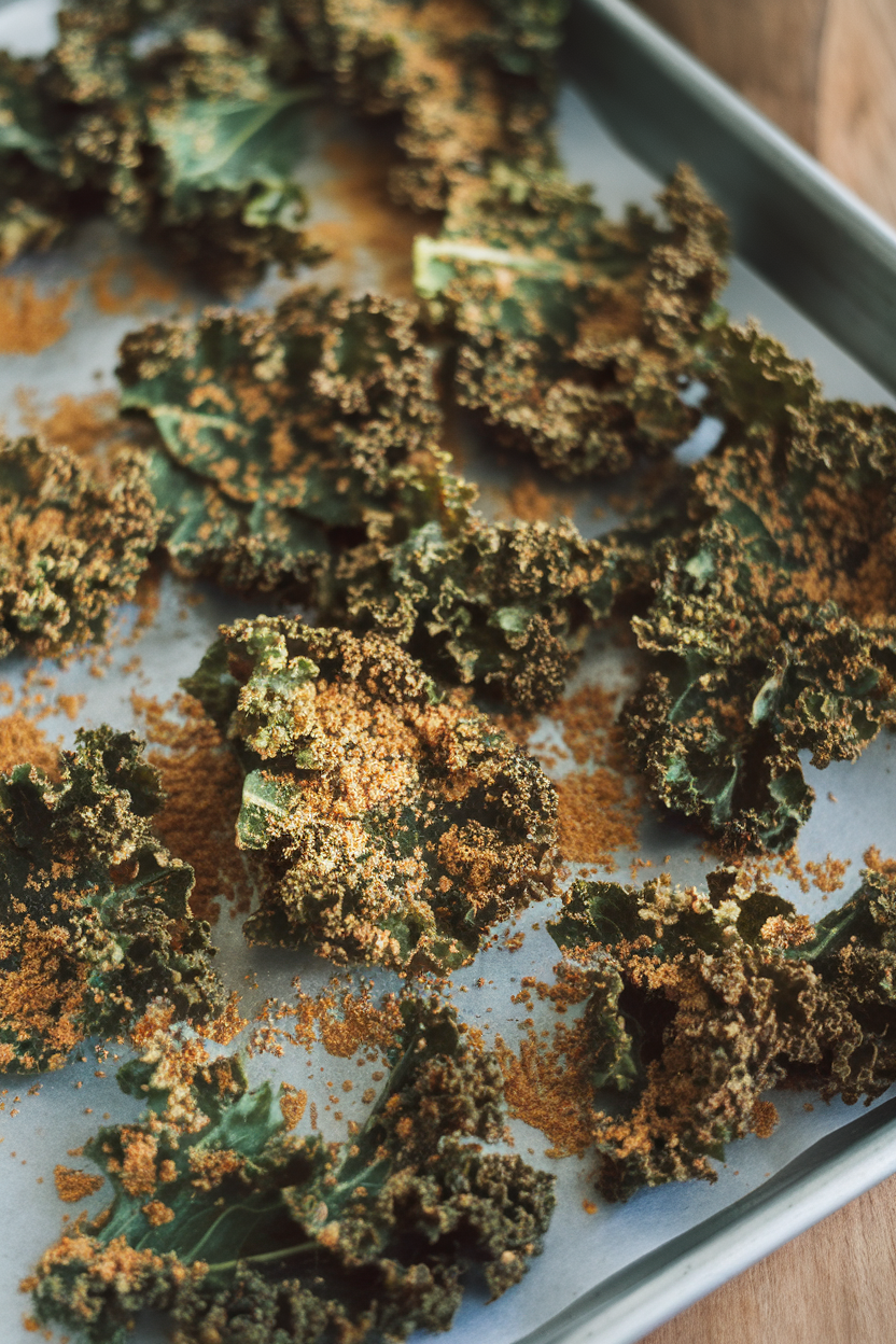 An indoor photo of a baking tray covered with crispy kale chips dusted in nutritional yeast. No text or logos.