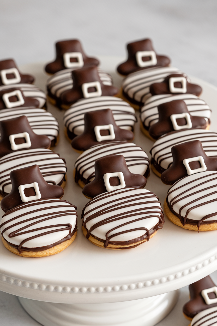 A white indoor platter featuring chocolate-topped fudge-striped cookies with a marshmallow center, icing buckle completing each pilgrim hat. Photo, no text or logos.