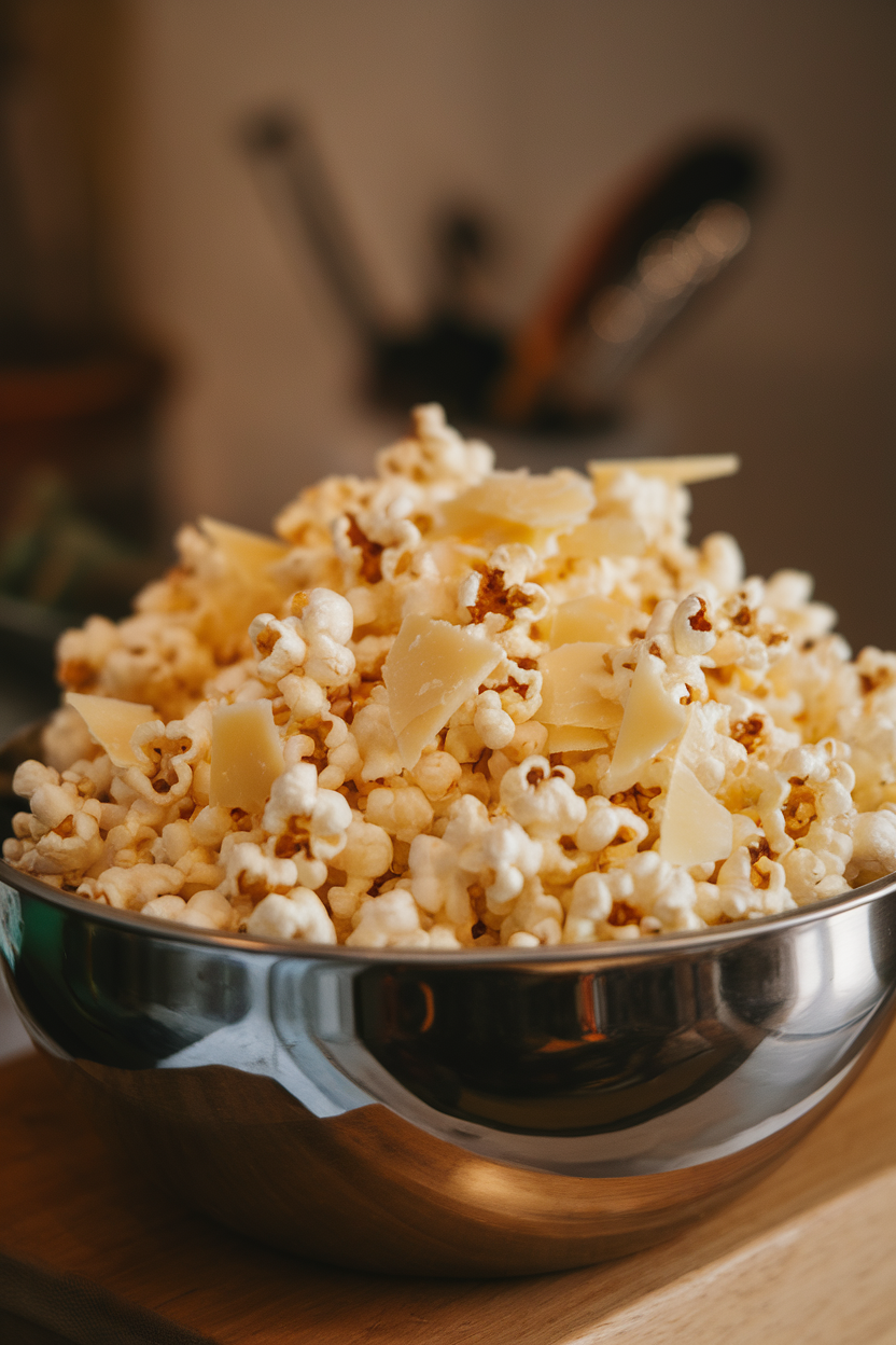 Photo of an indoor metal mixing bowl brimming with freshly popped popcorn lightly coated in truffle oil and parmesan shavings; warm ambient lighting, no text or logos
