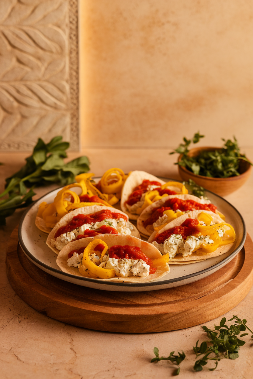 Photo of tortillas filled with herbed ricotta and yellow squash ribbons, topped with light marinara, indoors, no logos.