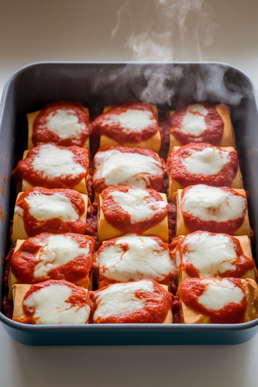 Indoor casserole pan filled with individual lasagna rolls topped with marinara and melted mozzarella, steam rising. No text or logos.