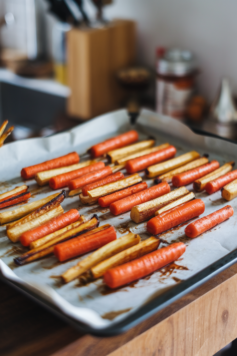 Indoor photo of a baking sheet with roasted carrot and parsnip sticks caramelized at the edges, no text or logos
