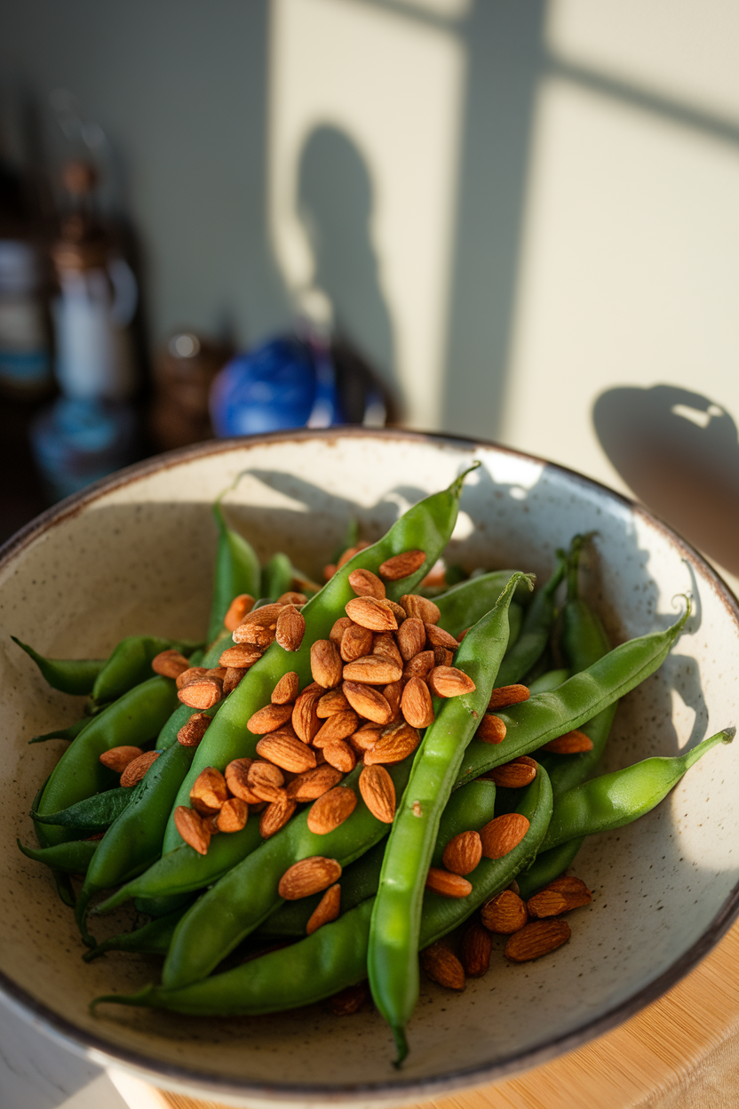Indoor photo of vibrant green beans sprinkled with toasted almonds in a shallow bowl; no text or logos
