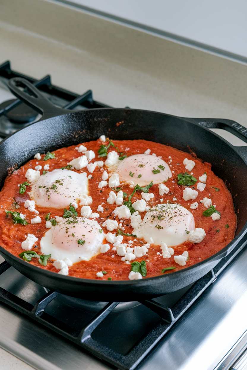 Cast-iron skillet of tomato-pepper sauce with poached eggs, crumbled feta on top, indoor stovetop, no text or logos.