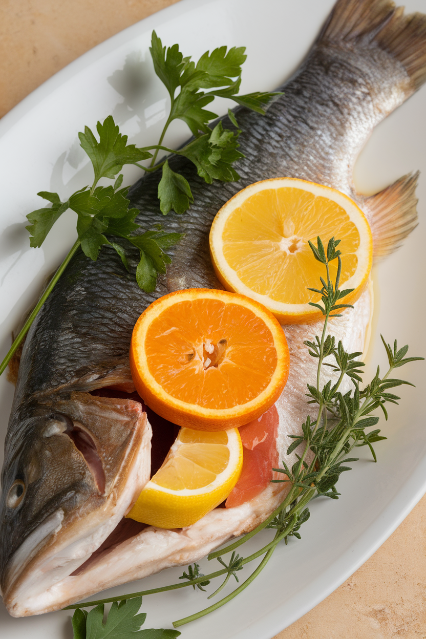 Indoor photo of cooked sea bass fillet with citrus slices and fresh herbs, no text or logos.