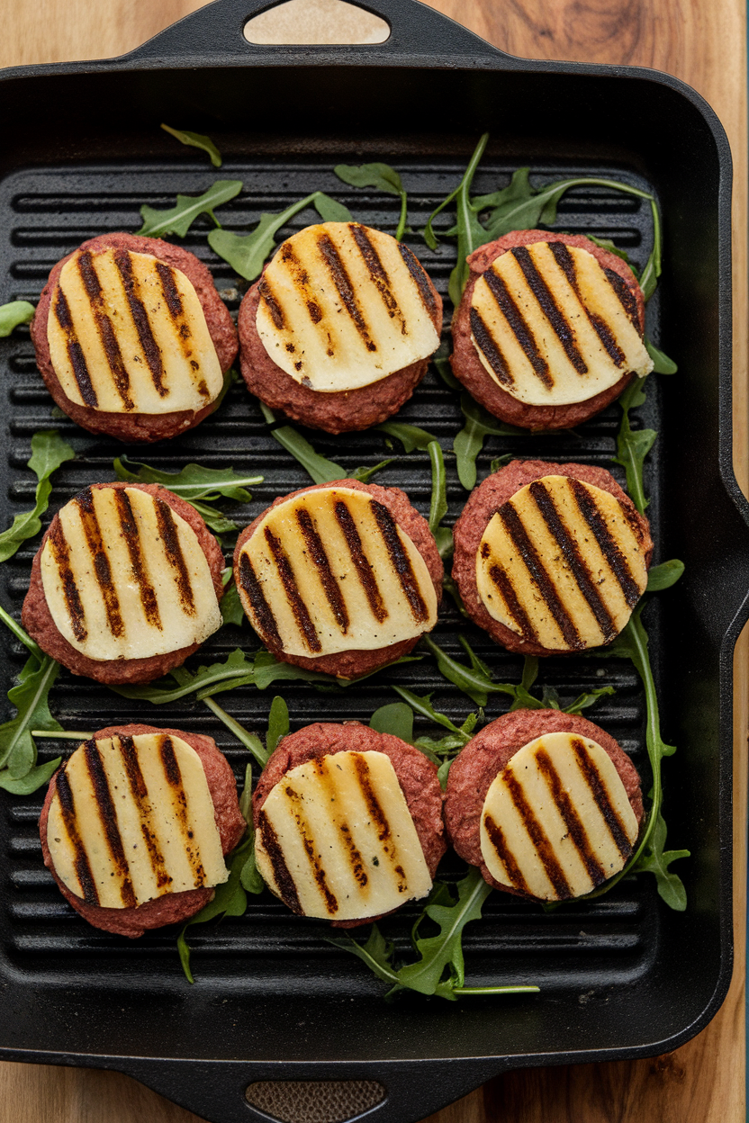 An indoor grill pan holding small beef and sweet potato slider patties with grill marks. No text or logos.