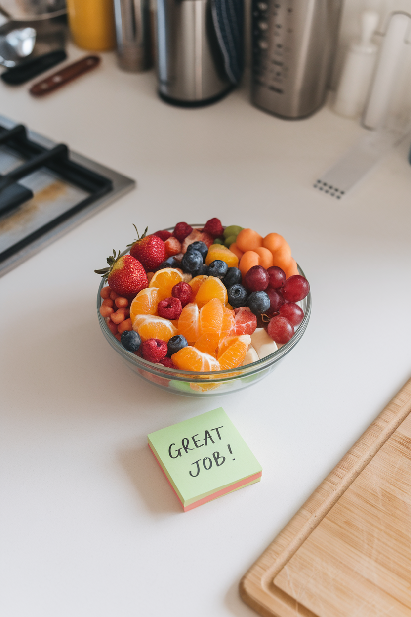 An indoor kitchen counter with a small sticky note reading “Great job!” beside a bowl of colorful salad—photo, note handwritten, no logos.