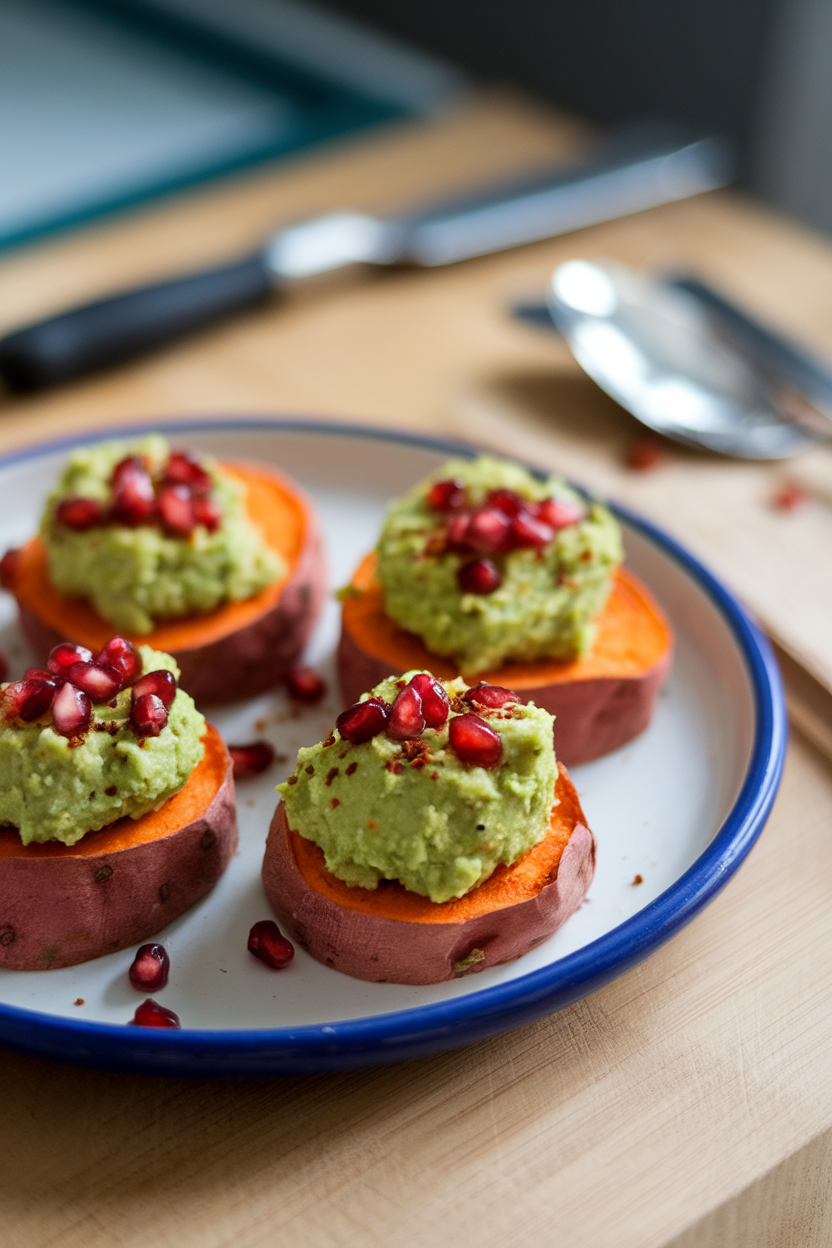 Indoor photo showing roasted sweet potato rounds topped with mashed avocado, pomegranate arils, and a light sprinkle of chili flakes on a ceramic platter. No branding or text.