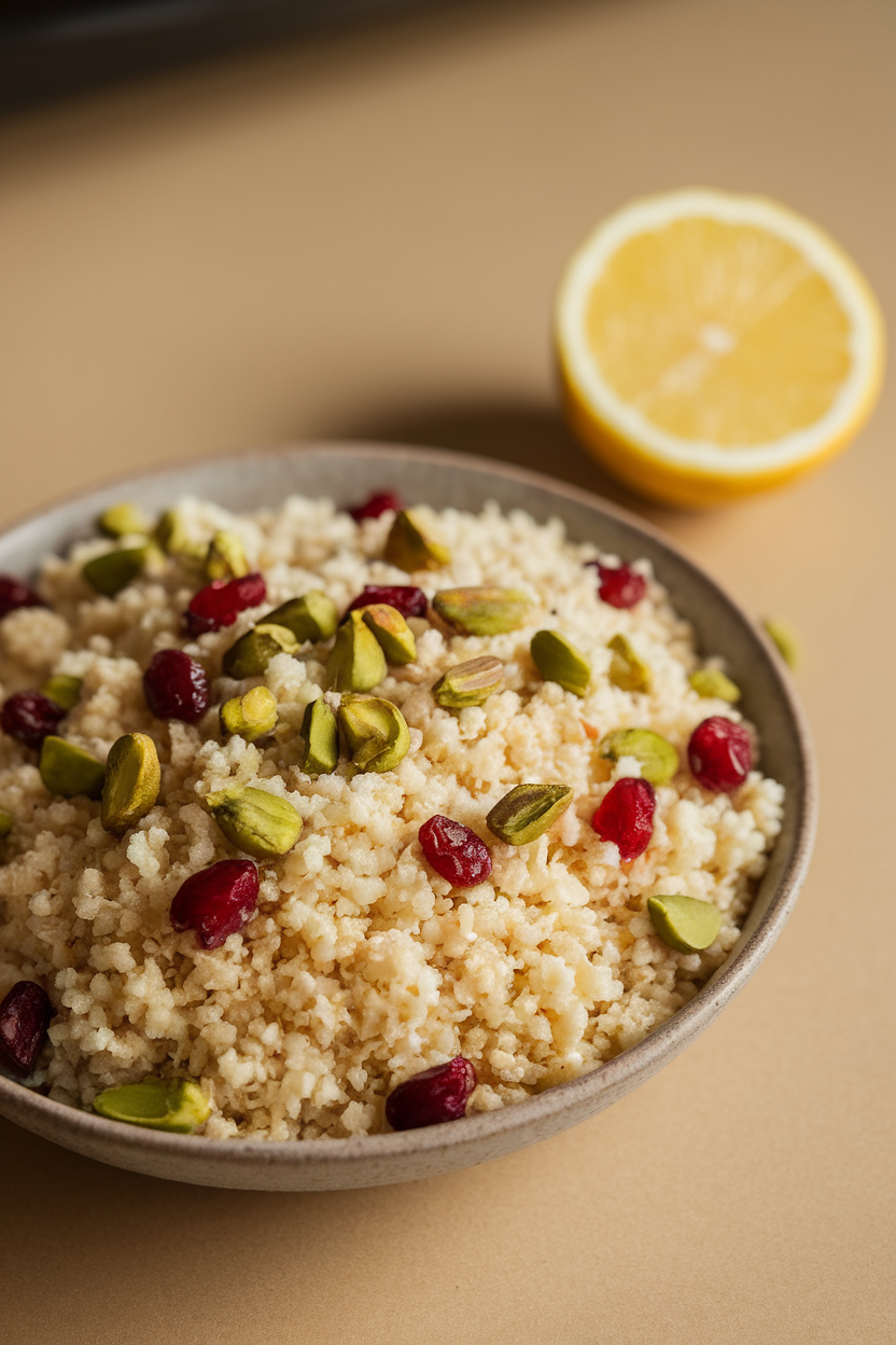 Indoor photo of fluffy couscous dotted with green pistachios and red cranberries in a shallow bowl. No text or logos.