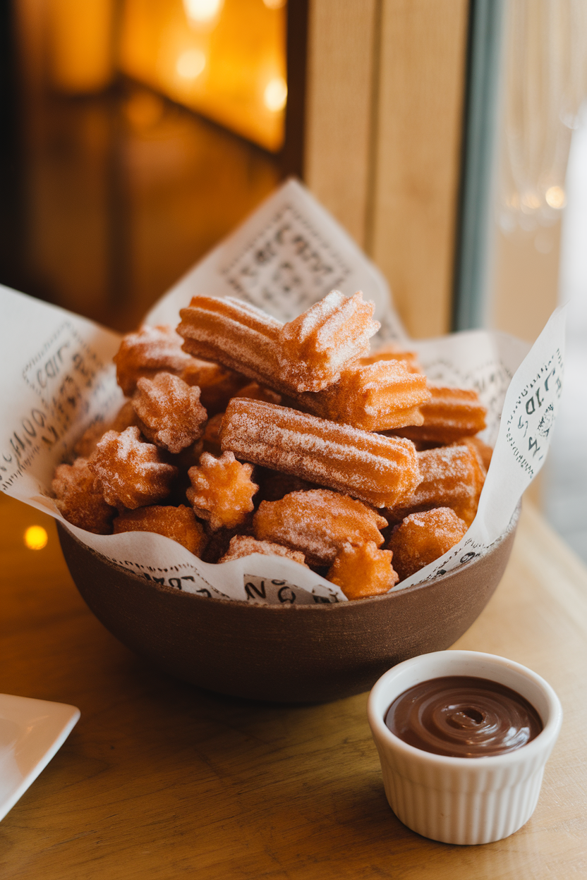 Photo of an indoor bowl lined with paper, piled high with bite-size churros dusted in cinnamon sugar, small cup of chocolate sauce nearby; warm cafe lighting, no text or logos