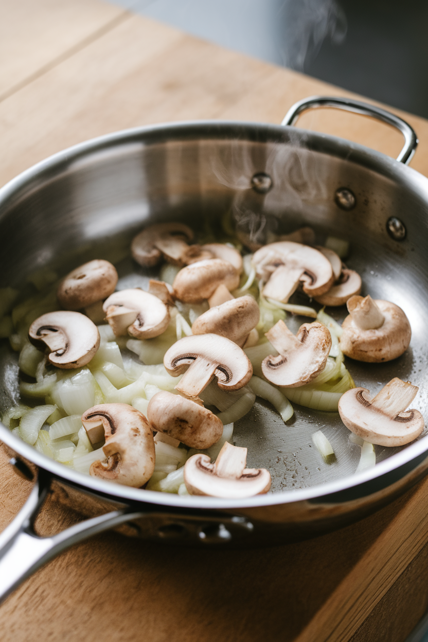 Indoor photo of a stainless-steel skillet sautéing mushrooms and onions, light reflecting softly, no logos.