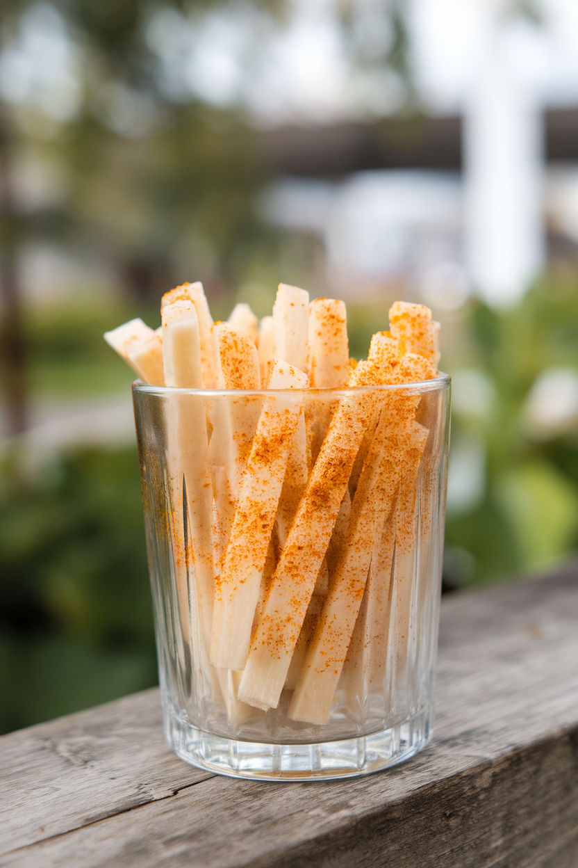 Indoor glass tumbler filled with jicama matchsticks dusted with chili-lime seasoning. No text or logos.