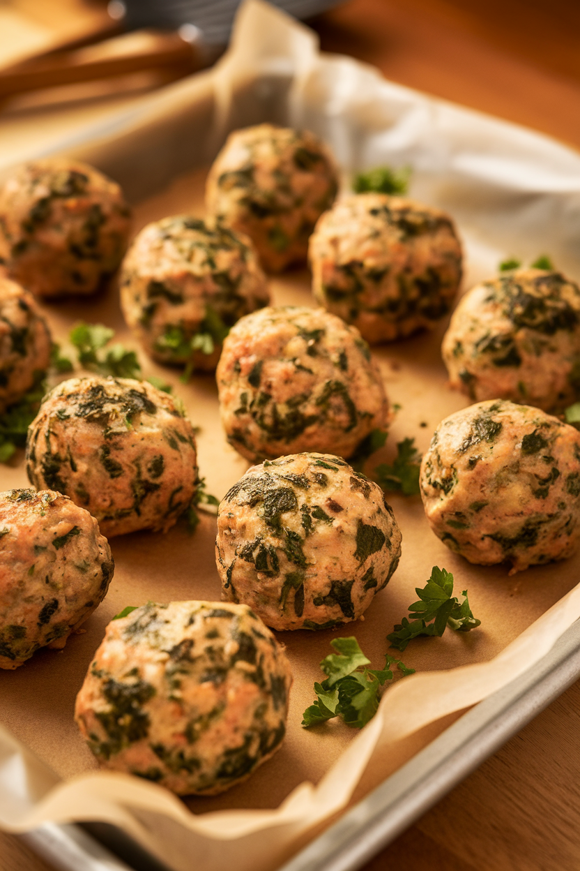 Photo of baked turkey-spinach meatballs arranged on a parchment-lined tray, garnished with parsley, captured indoors. No text or logos. Photo, not illustration.