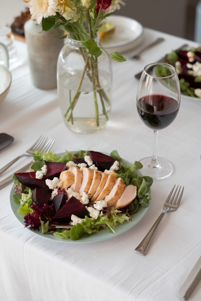Indoor dining table featuring a plate of mixed greens, roasted beet wedges, sliced chicken, and crumbled goat cheese — photo, no logos