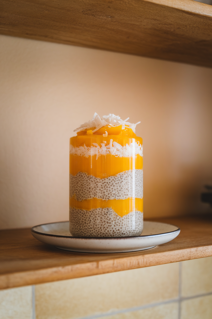 An indoor kitchen shelf with a stackable jar containing layers of mango purée, chia pudding, and shredded coconut. Photo, no text or logos.