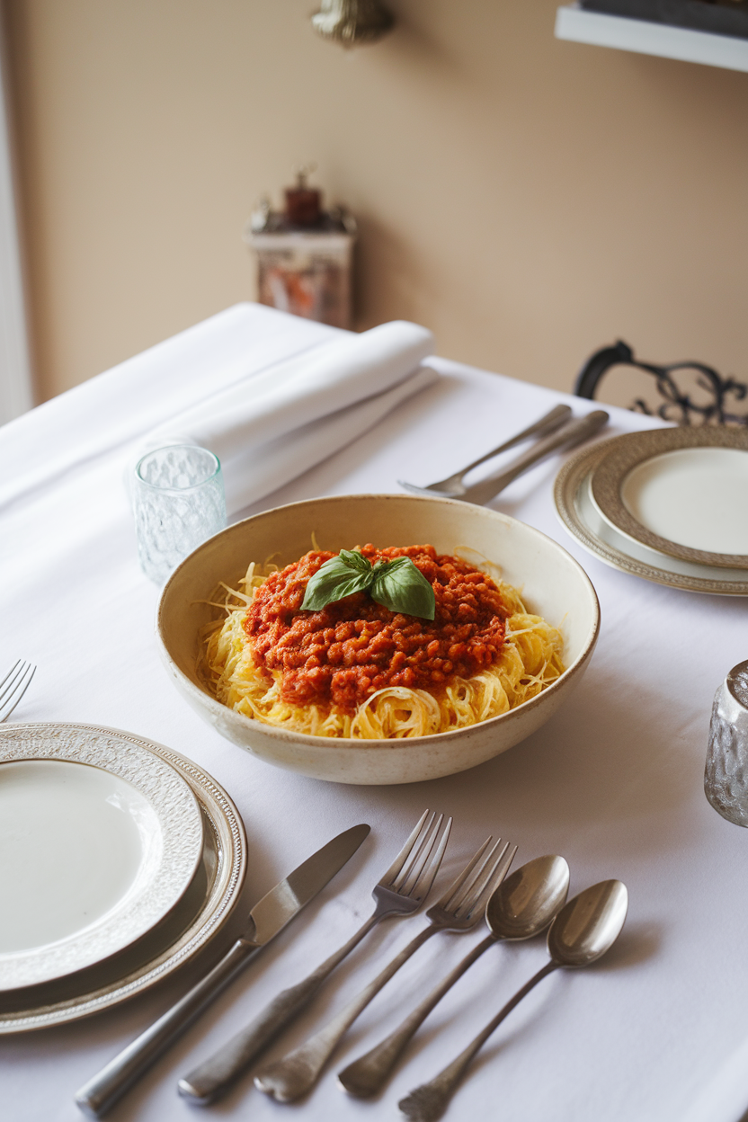 An indoor dining table featuring spaghetti squash strands topped with chunky lentil marinara sauce, sprinkled with basil. No text or logos.