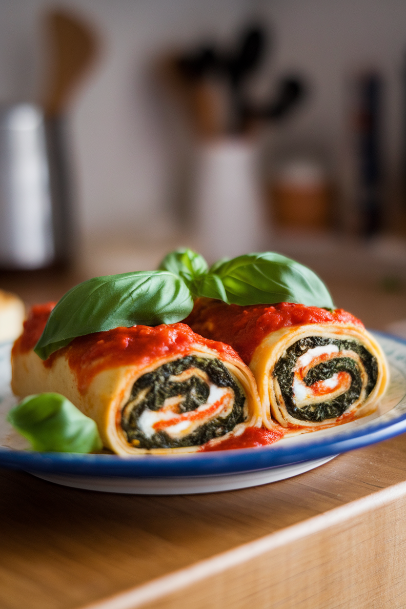 Indoor photo of lasagna rolls stuffed with spinach and ricotta on a plate, sauce drizzled; no text or logos