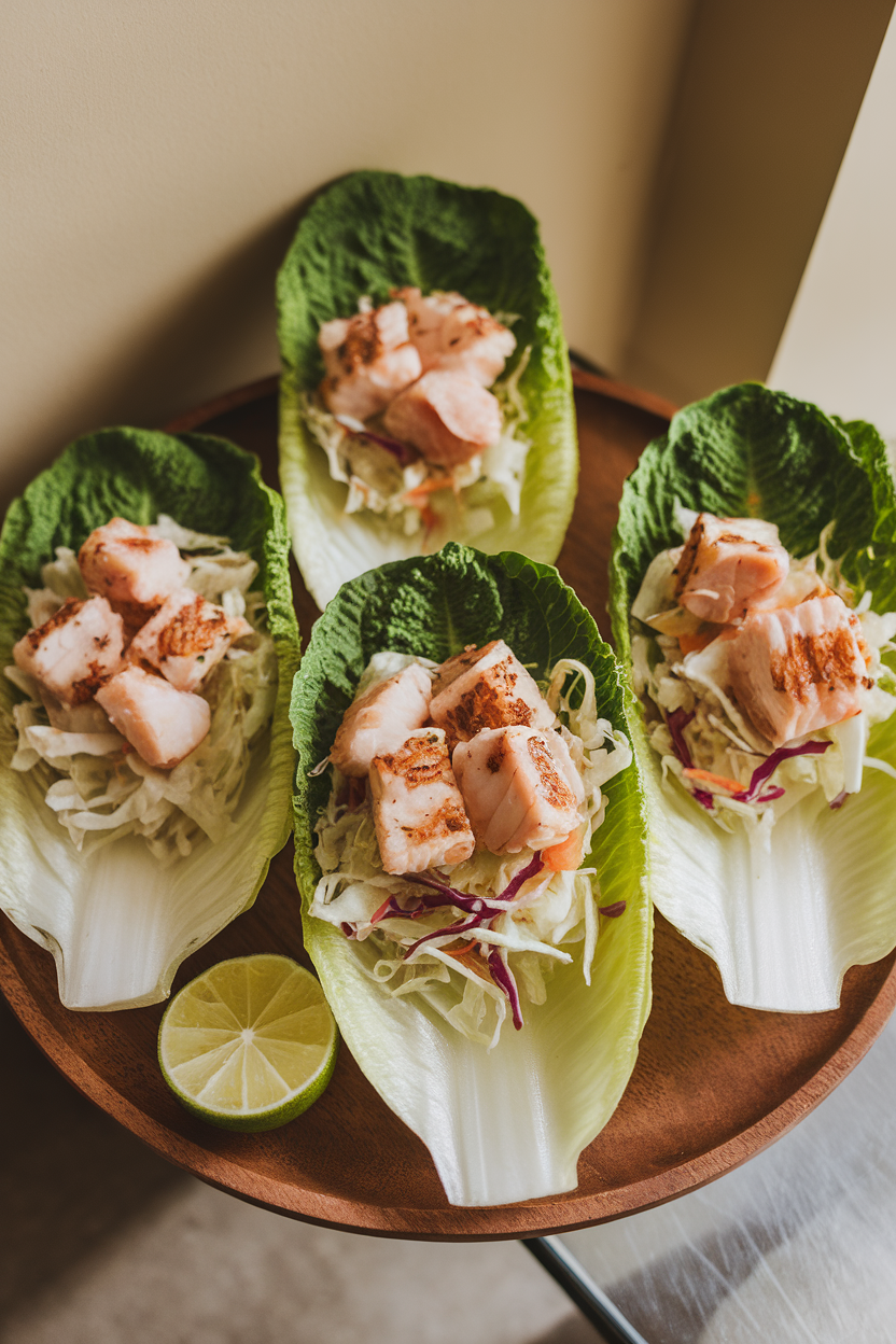 Three romaine leaves indoors each with cooked cod chunks, cabbage slaw, and lime wedge on side. No text or logos.