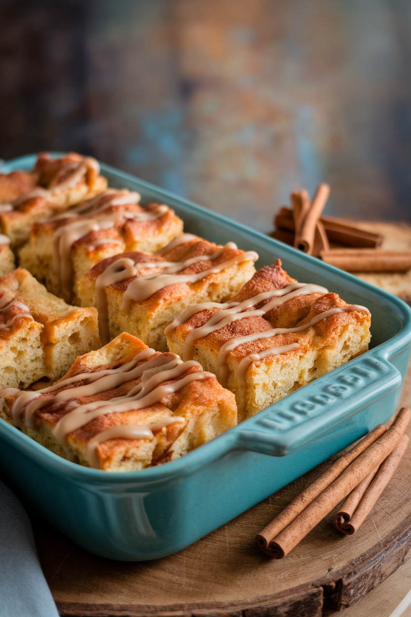 Indoor photo of a baking dish with golden bread pudding squares, drizzle of chai glaze, cinnamon sticks nearby, no text or logos