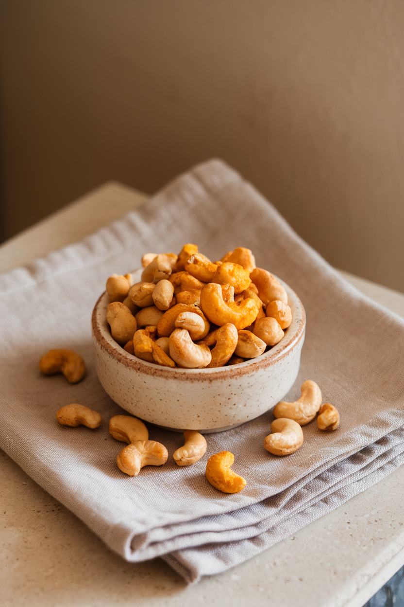 Indoor photo of a small ceramic bowl overflowing with golden turmeric-spiced cashews, sitting on a neutral linen napkin. No text or logos.