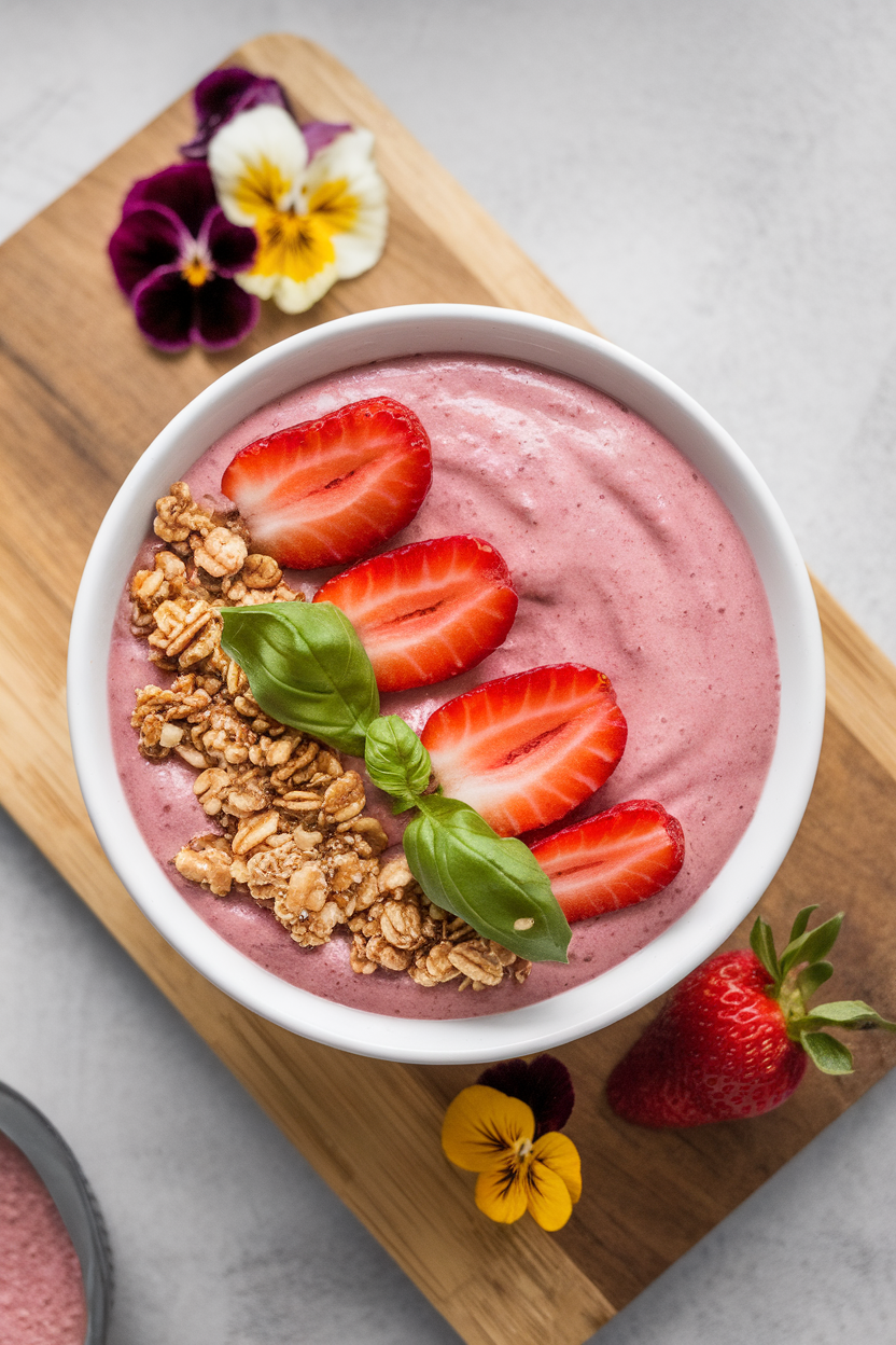 Indoor overhead photo of a pink smoothie bowl garnished with sliced strawberries, basil ribbons, and granola clusters, no text or logos.